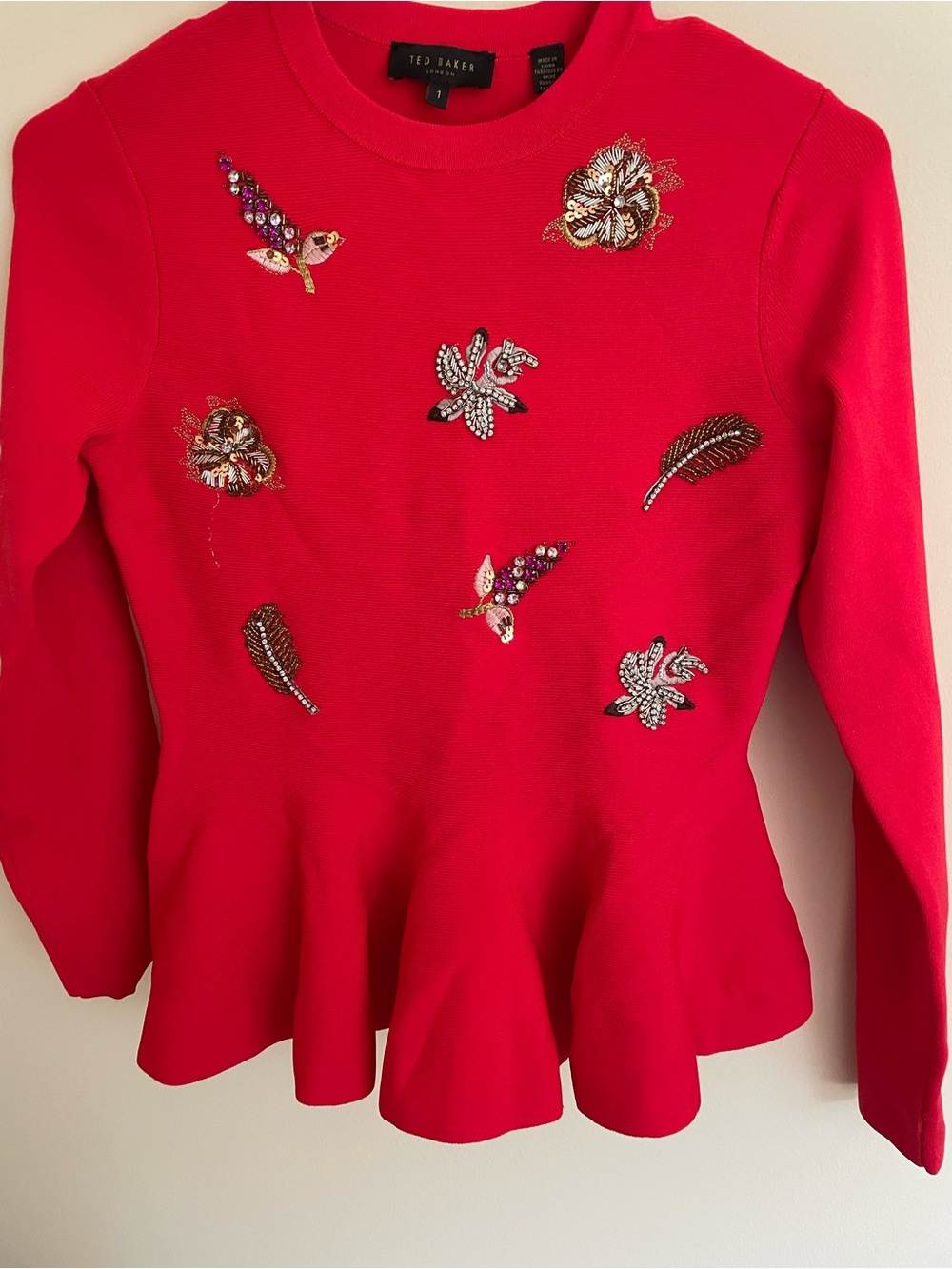 Ted Baker Bright Red Embellished Peplum Sweater